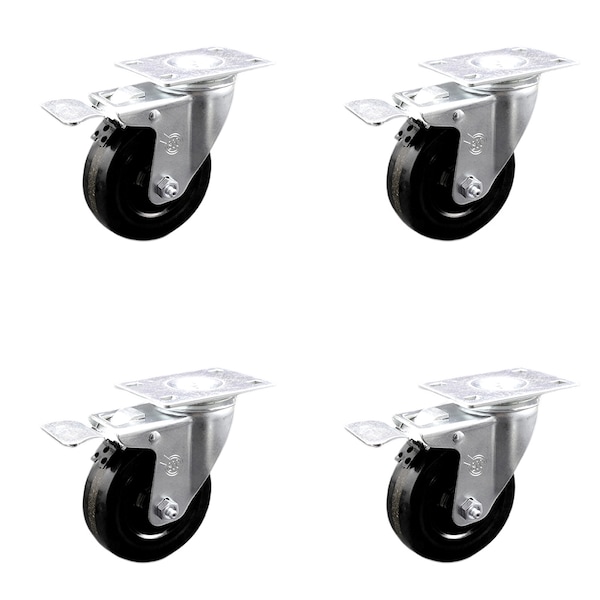4 Inch SS Phenolic Top Plate Caster Set Total Lock Brake